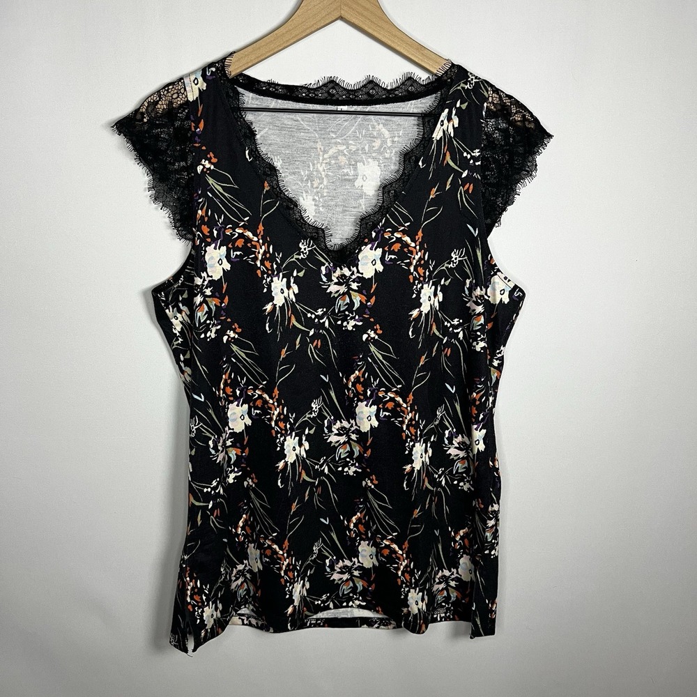 Boutique Shirt Women Size Large Black Floral V-Neck Cap Sleeve Lace‎ Trim Blouse